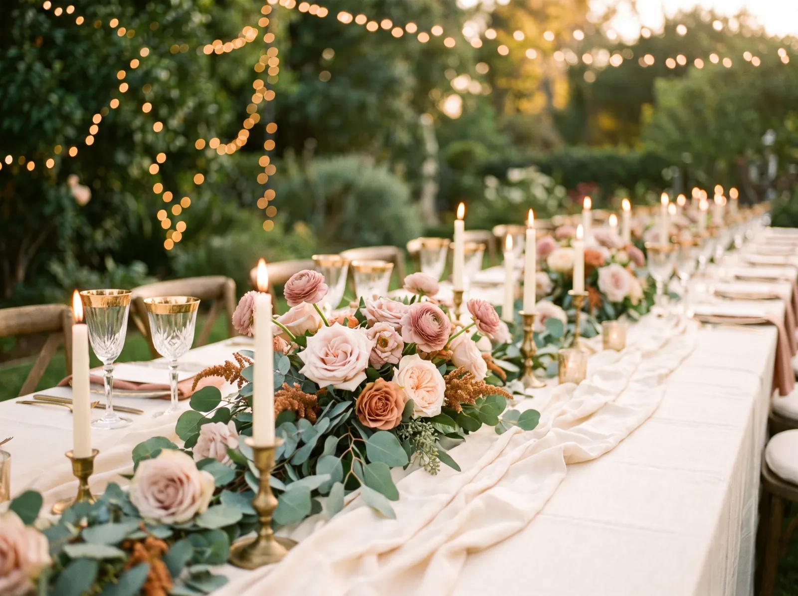 A garden wedding table at golden hour: blush roses, sage eucalyptus, terracotta and warm cream linen, brass candlesticks