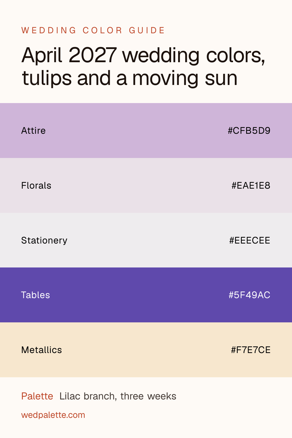 April 2027 wedding colors, tulips and a moving sun pin with hex codes #CFB5D9 #EAE1E8 #EEECEE #5F49AC #F7E7CE, Lilac branch, three weeks