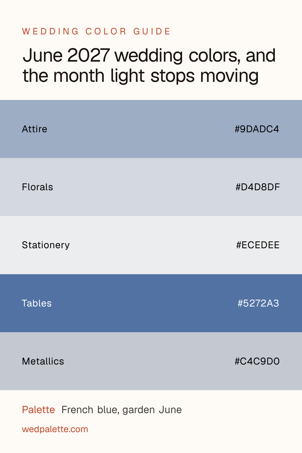 June 2027 wedding colors, and the month light stops moving pin with hex codes #9DADC4 #D4D8DF #ECEDEE #5272A3 #C4C9D0, French blue, garden June