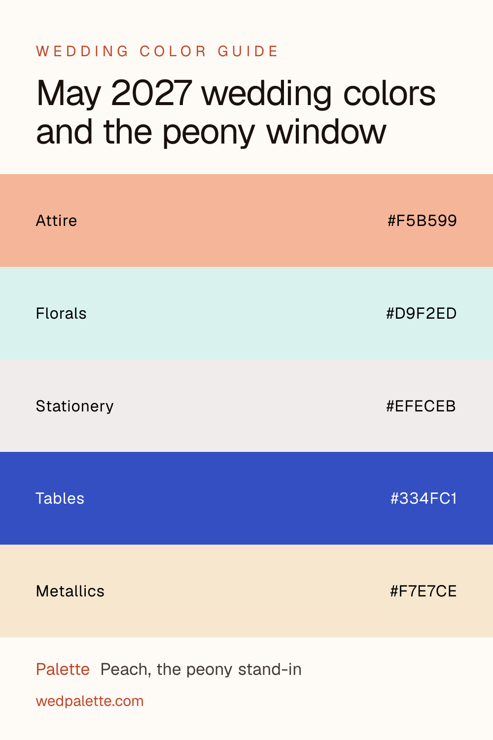 May 2027 wedding colors and the peony window pin with hex codes #F5B599 #D9F2ED #EFECEB #334FC1 #F7E7CE, Peach, the peony stand-in
