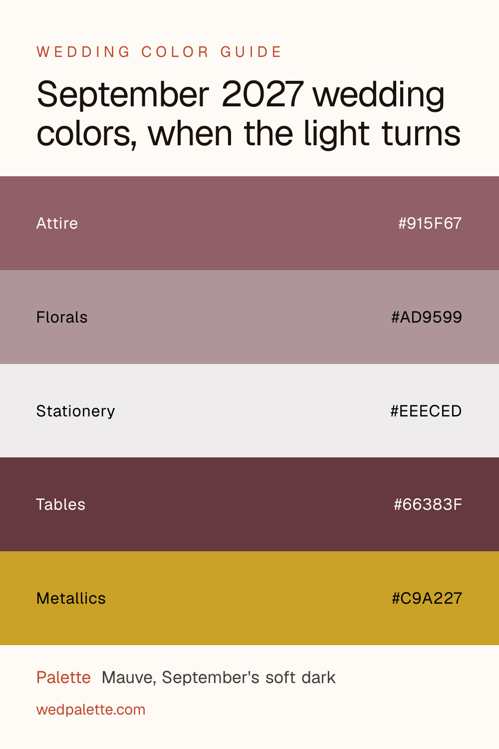 September 2027 wedding colors, when the light turns pin with hex codes #915F67 #AD9599 #EEECED #66383F #C9A227, Mauve, September's soft dark