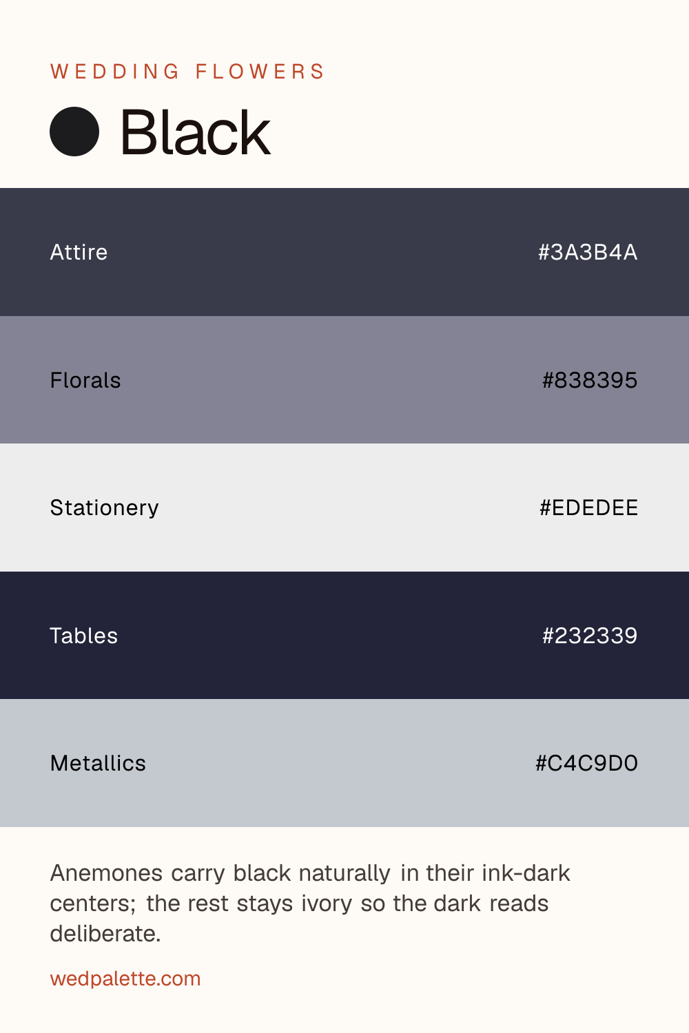 Black wedding color palette pin with hex codes #3A3B4A #838395 #EDEDEE #232339 #C4C9D0, anemones, dark calla lilies florals, gold hardware, for black-tie evening receptions