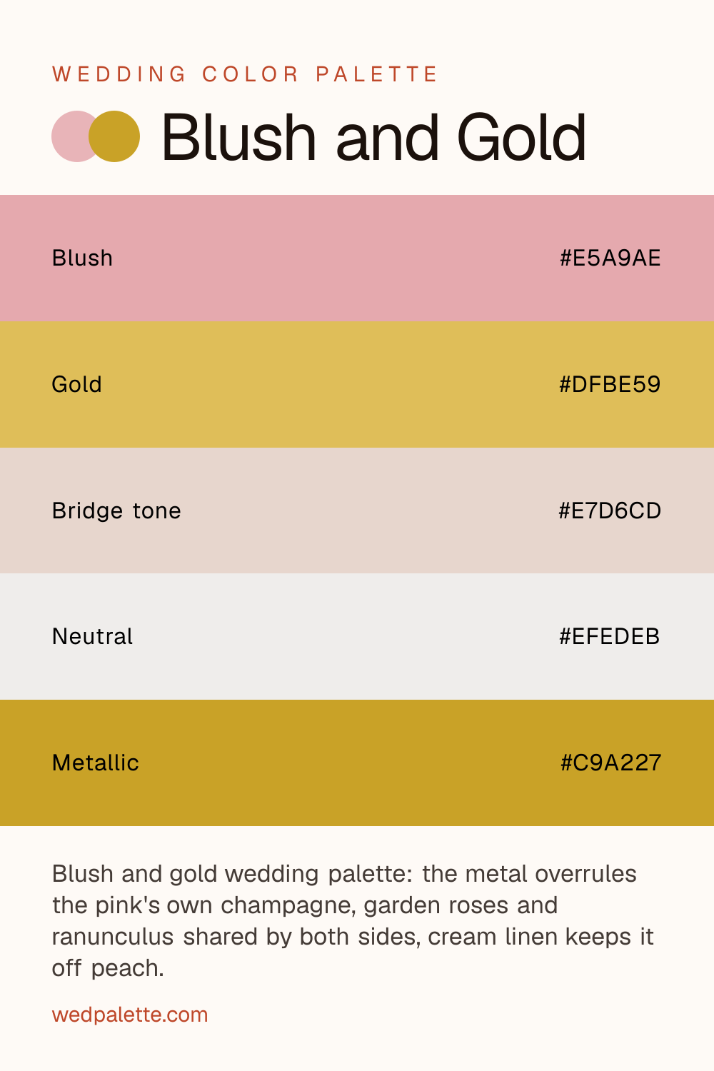 Blush and Gold wedding color palette pin with hex codes #E5A9AE #DFBE59 #E7D6CD #EFEDEB #C9A227, blush bridesmaid dresses with sequin or metallic-thread accents
