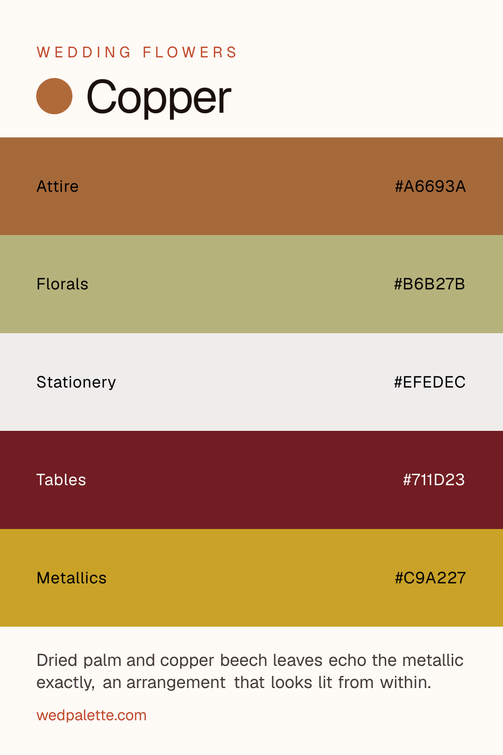 Copper wedding color palette pin with hex codes #A6693A #B6B27B #EFEDEC #711D23 #C9A227, dried palm, copper beech florals, copper hardware, for fall industrial weddings