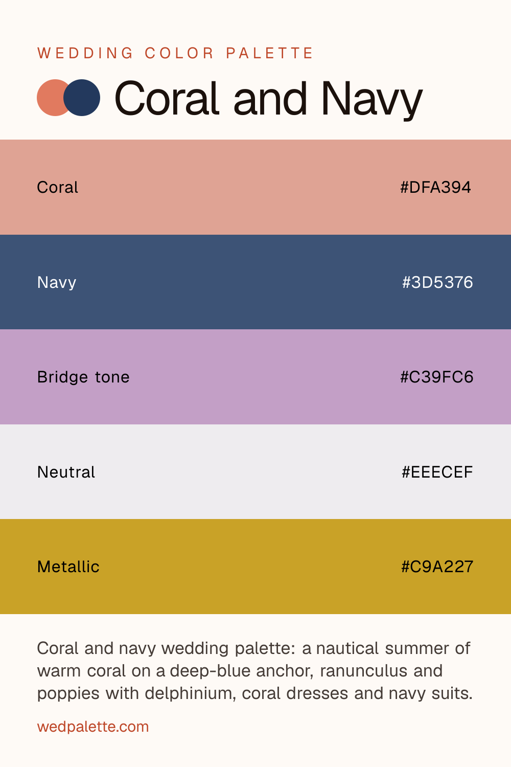 Coral and Navy wedding color palette pin with hex codes #DFA394 #3D5376 #C39FC6 #EEECEF #C9A227, coral bridesmaid dresses with navy groomsmen suits
