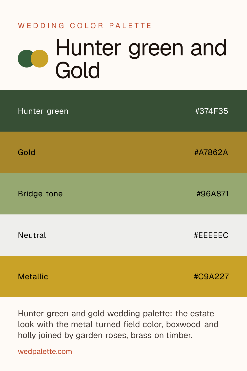 Hunter green and Gold wedding color palette pin with hex codes #374F35 #A7862A #96A871 #EEEEEC #C9A227, hunter green velvet or wool suiting with cream and camel dresses with metallic thread