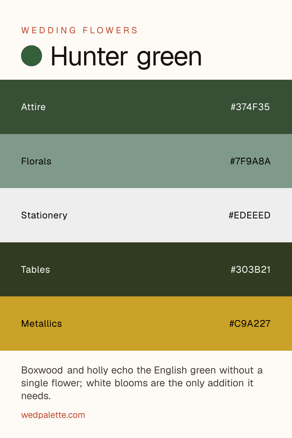 Hunter green wedding color palette pin with hex codes #374F35 #7F9A8A #EDEEED #303B21 #C9A227, boxwood, holly florals, brass hardware, for fall estate weddings