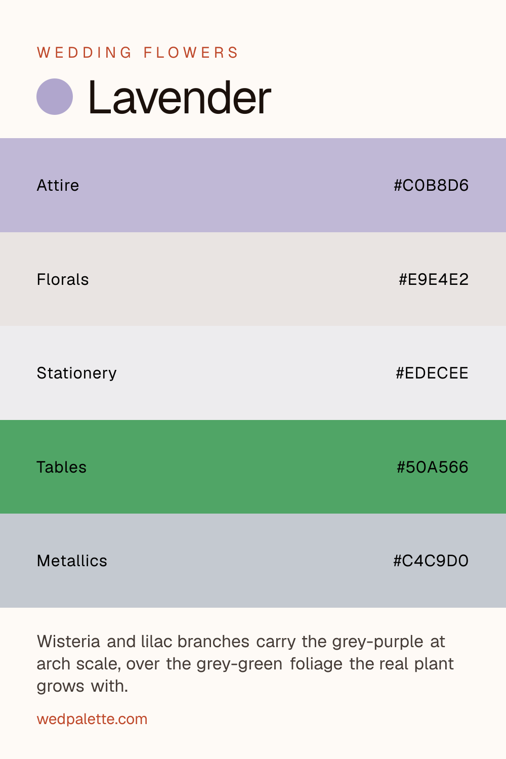 Lavender wedding color palette pin with hex codes #C0B8D6 #E9E4E2 #EDECEE #50A566 #C4C9D0, wisteria, lilac branches florals, silver hardware, for spring garden weddings