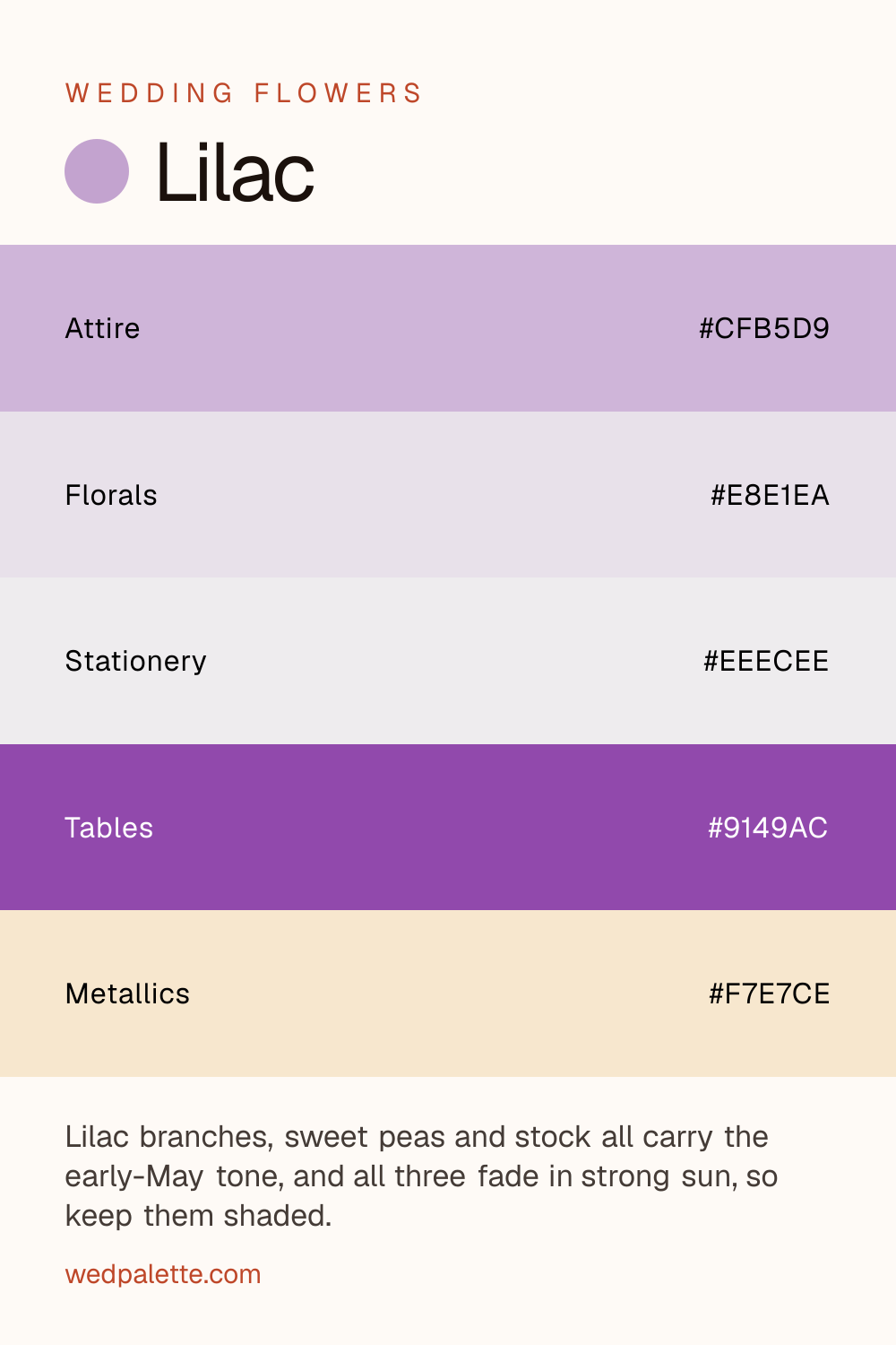 Lilac wedding color palette pin with hex codes #CFB5D9 #E8E1EA #EEECEE #9149AC #F7E7CE, sweet peas, stock florals, silver hardware, for spring garden weddings