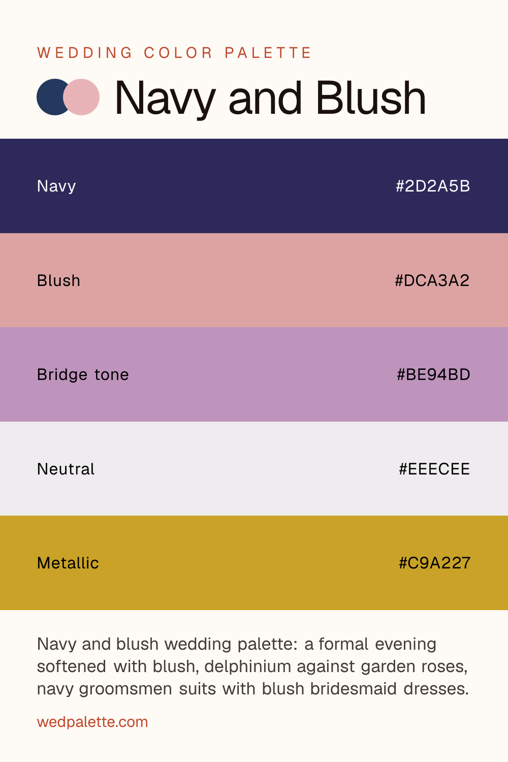 Navy and Blush wedding color palette pin with hex codes #2D2A5B #DCA3A2 #BE94BD #EEECEE #C9A227, navy groomsmen suits with blush bridesmaid dresses