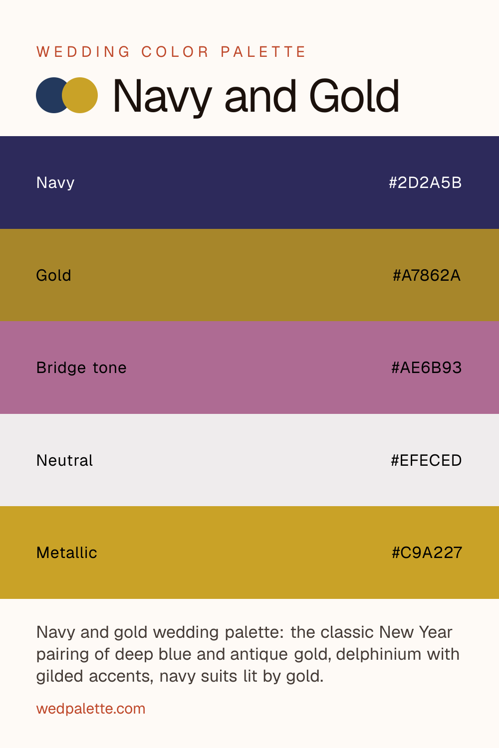 Navy and Gold wedding color palette pin with hex codes #2D2A5B #A7862A #AE6B93 #EFECED #C9A227, navy groomsmen suits with gold sequin bridesmaid dresses