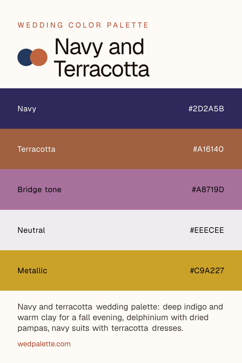Navy and Terracotta wedding color palette pin with hex codes #2D2A5B #A16140 #A8719D #EEECEE #C9A227, Navy groomsmen suits with terracotta bridesmaid dresses
