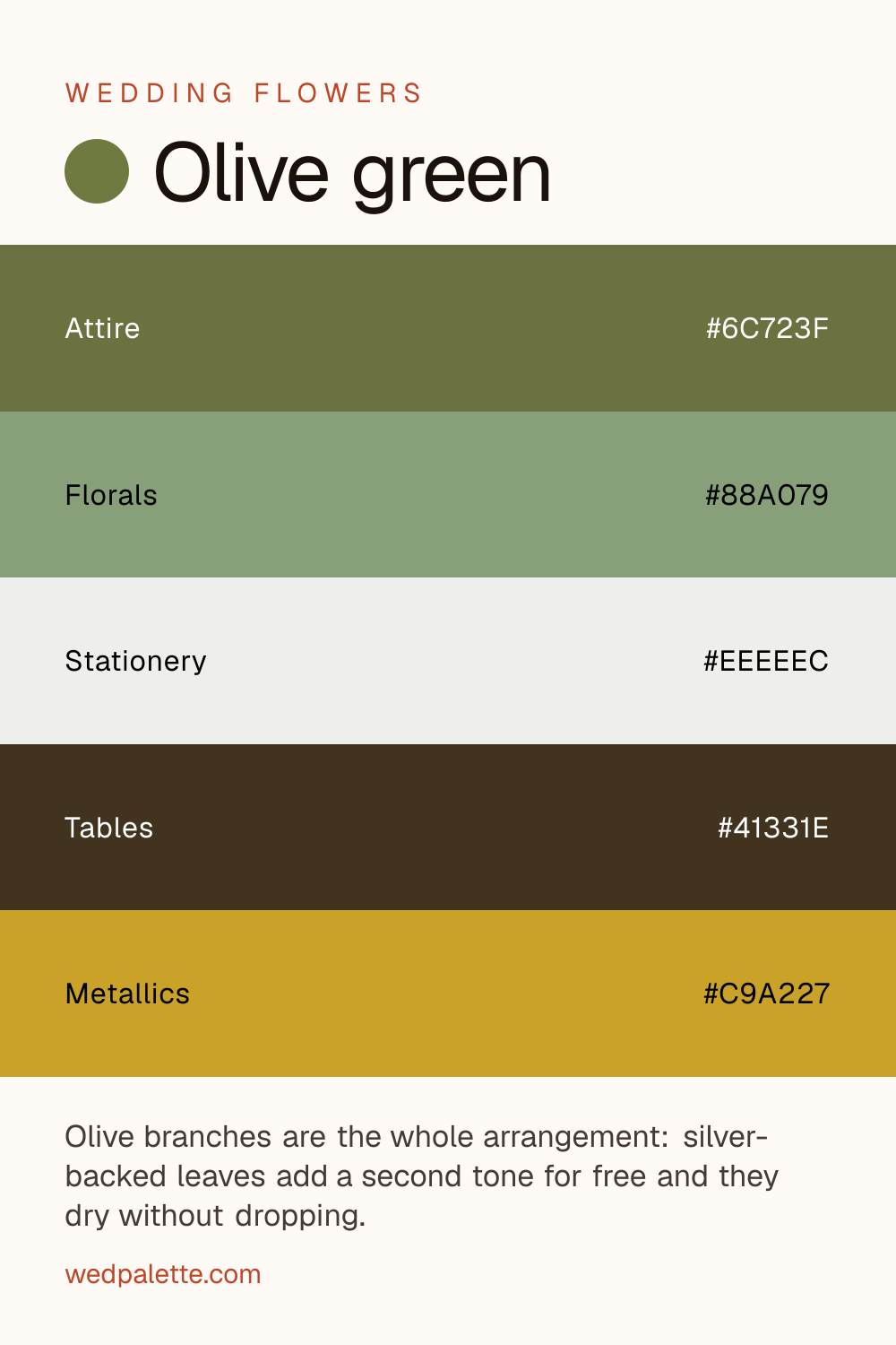 Olive green wedding color palette pin with hex codes #6C723F #88A079 #EEEEEC #41331E #C9A227, olive branches florals, brass hardware, for Mediterranean vineyard weddings