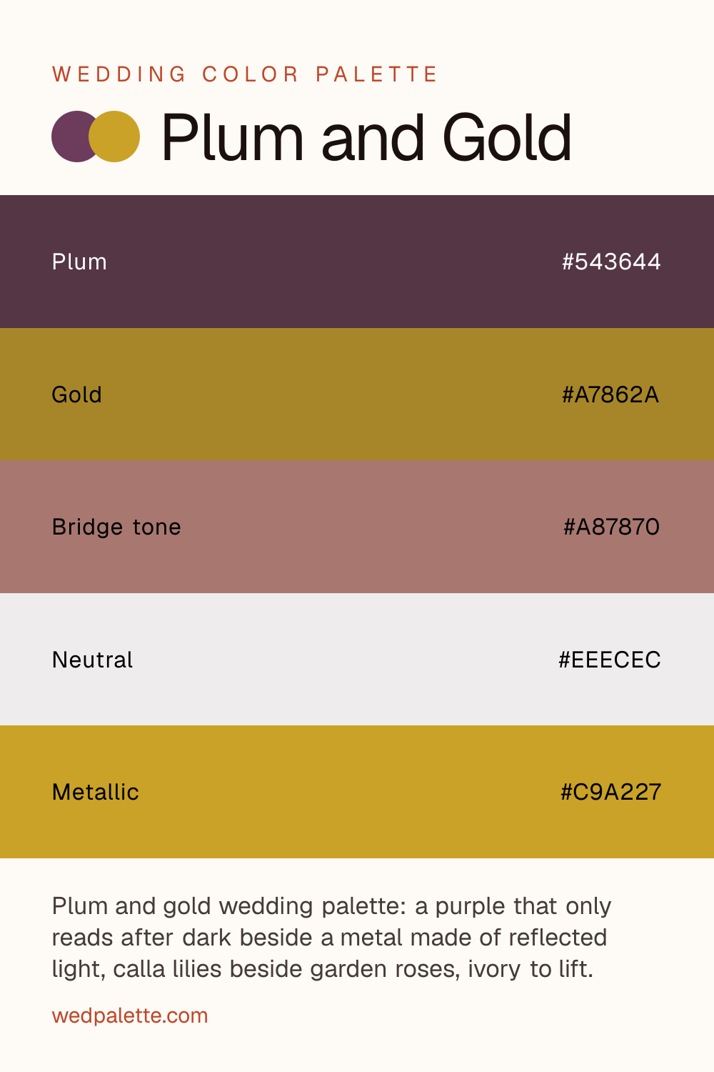 Plum and Gold wedding color palette pin with hex codes #543644 #A7862A #A87870 #EEECEC #C9A227, plum velvet bridesmaid dresses with sequin or metallic-thread dresses