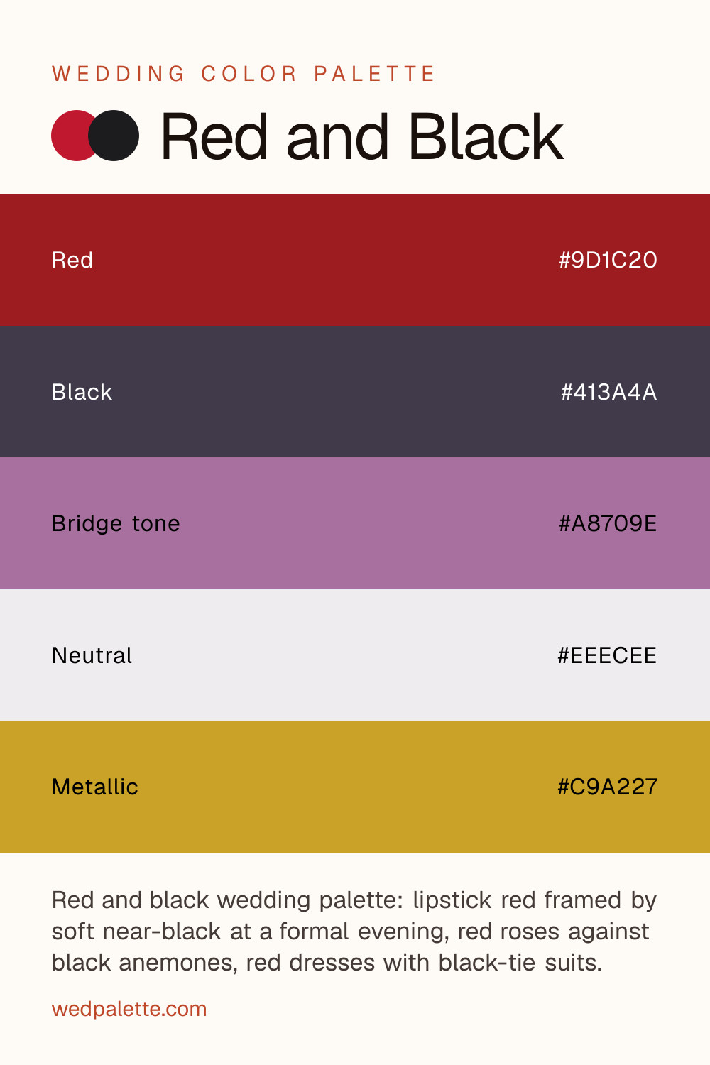Red and Black wedding color palette pin with hex codes #9D1C20 #413A4A #A8709E #EEECEE #C9A227, one lipstick-red statement dress with black-tie suits and black dresses
