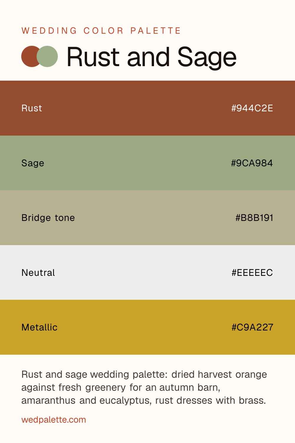 Rust and Sage wedding color palette pin with hex codes #944C2E #9CA984 #B8B191 #EEEEEC #C9A227, rust bridesmaid dresses with sage ties and pocket squares