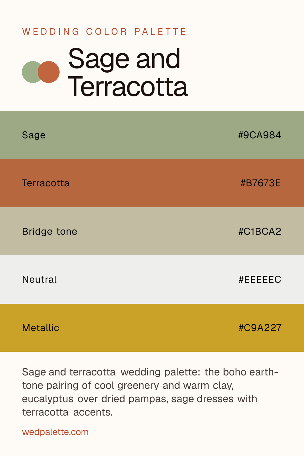 Sage and Terracotta wedding color palette pin with hex codes #9CA984 #B7673E #C1BCA2 #EEEEEC #C9A227, sage chiffon bridesmaid dresses with terracotta suiting or ties