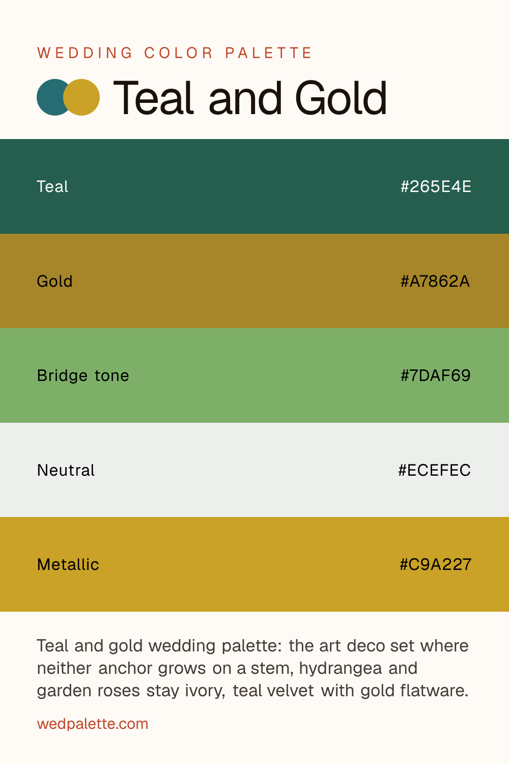 Teal and Gold wedding color palette pin with hex codes #265E4E #A7862A #7DAF69 #ECEFEC #C9A227, teal velvet or taffeta bridesmaid dresses with gold-sequin dresses or metallic ties