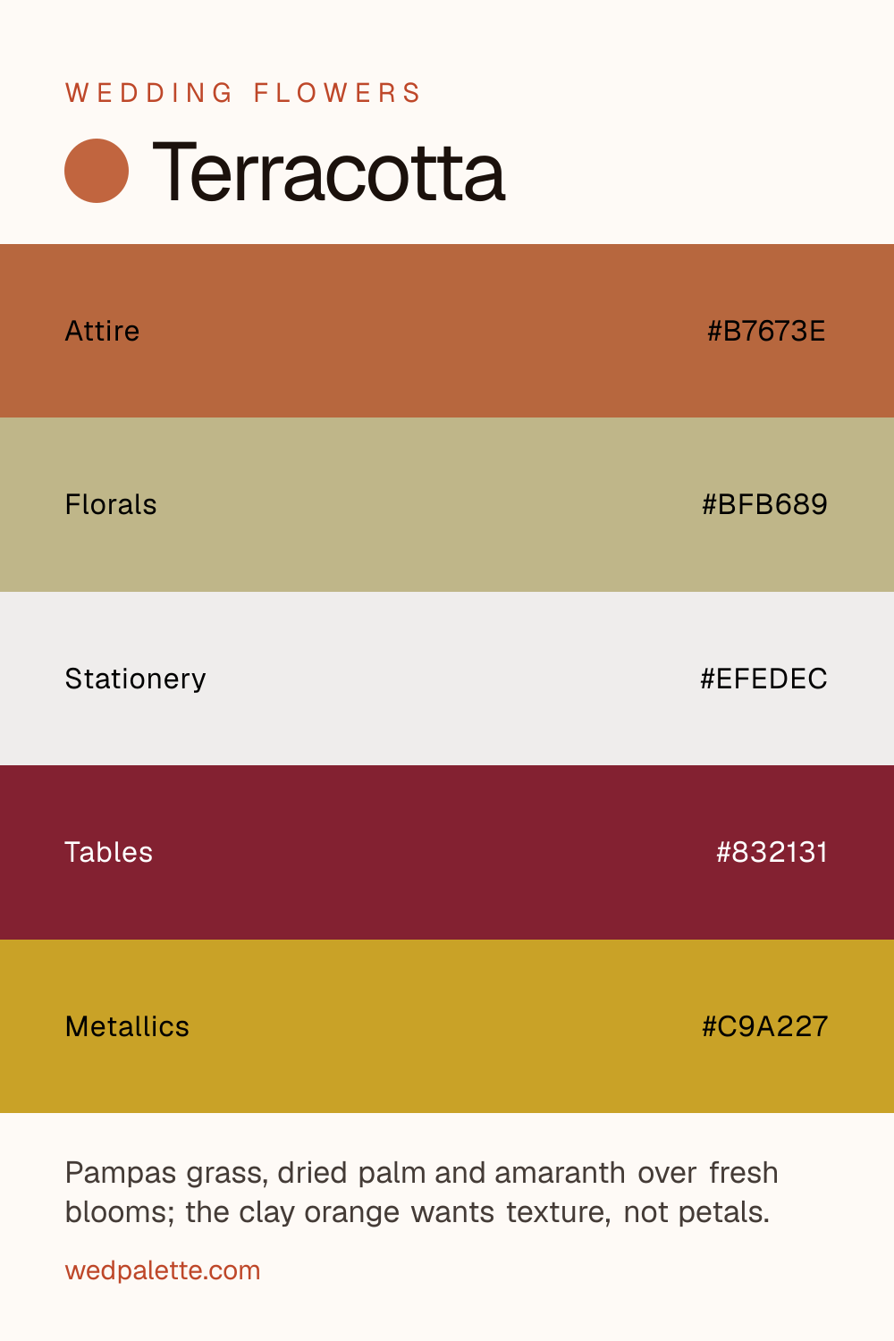 Terracotta wedding color palette pin with hex codes #B7673E #BFB689 #EFEDEC #832131 #C9A227, pampas, dried palm florals, gold, copper hardware, for fall desert weddings
