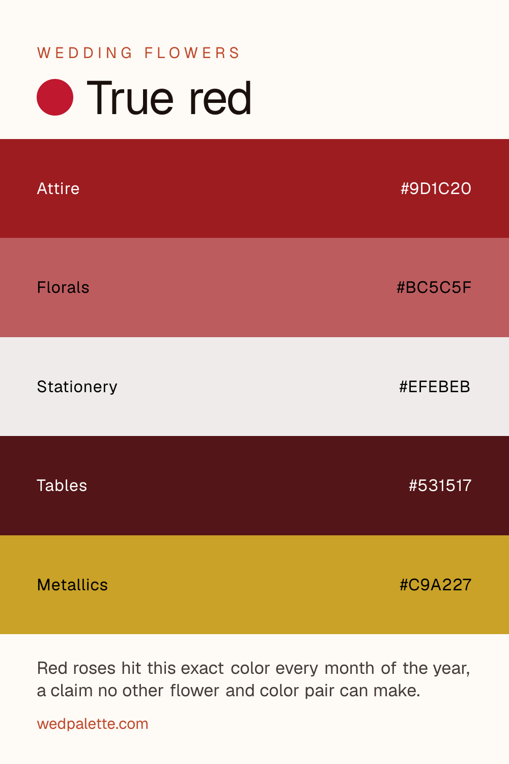 True red wedding color palette pin with hex codes #9D1C20 #BC5C5F #EFEBEB #531517 #C9A227, red roses, amaryllis florals, gold hardware, for formal city weddings